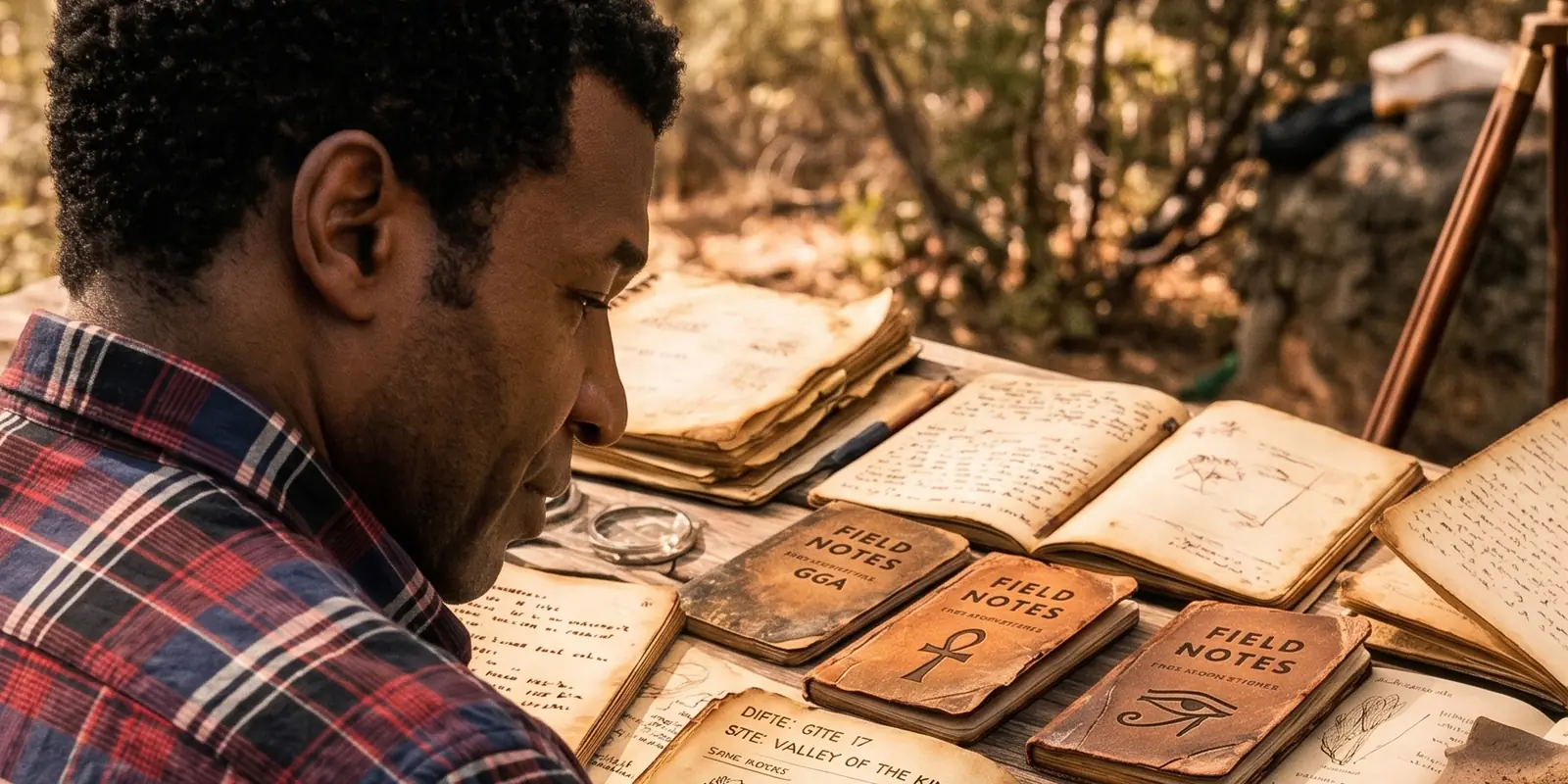 Patrick Jean-Baptiste writing at a field desk covered with open notebooks, botanical sketches and worn journals labelled Field Notes.