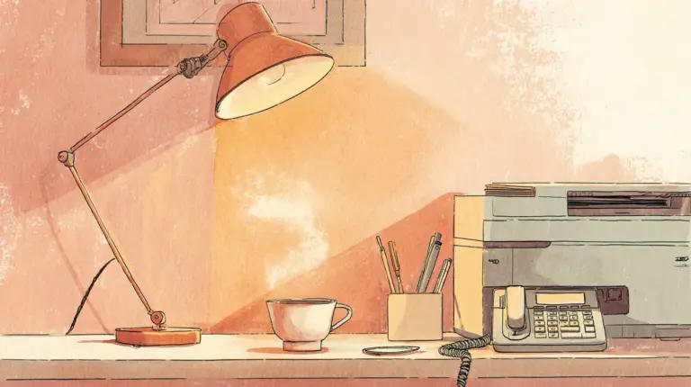 A quiet pediatric clinic interior at early morning light, lit by a single desk lamp. A desk phone with a blinking message light sits beside a steaming coffee cup, with a fax machine in the background. Warm cream and terracotta tones.