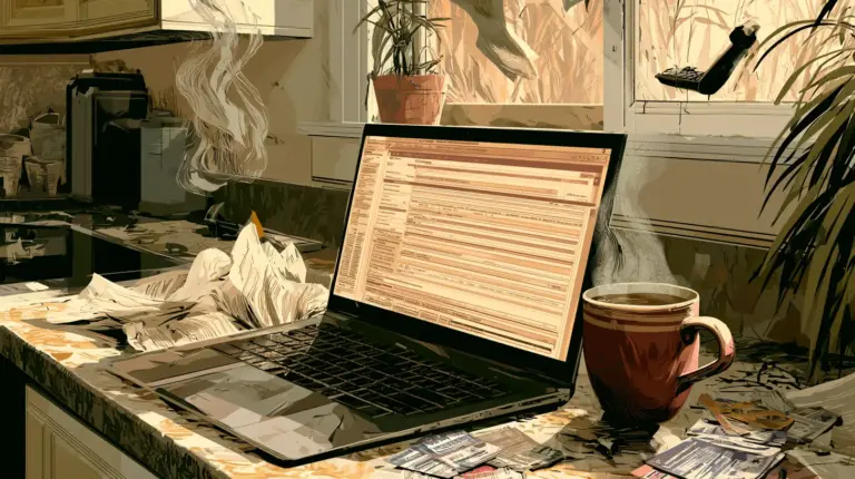 An abandoned laptop on a kitchen counter shows a long web intake form. A cold cup of coffee and scattered insurance cards sit beside it, with a phone being put down mid-air. Warm cream and ochre palette.