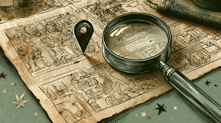 Hand-drawn neighborhood map with a location pin and magnifying glass beside scattered review stars, illustrating local SEO strategy for clinic websites.