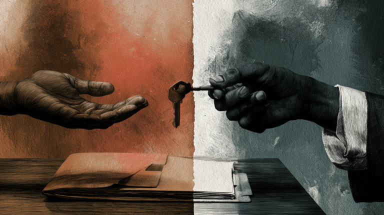 One hand passing a single key to another above a folder of documents on a wooden table, illustrating the careful handoff of access credentials during a clinic website transition.