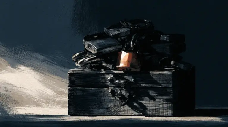 Locked wooden chest topped with a stack of padlocks in dim light, illustrating contact form submissions encrypted at rest on a clinic website.
