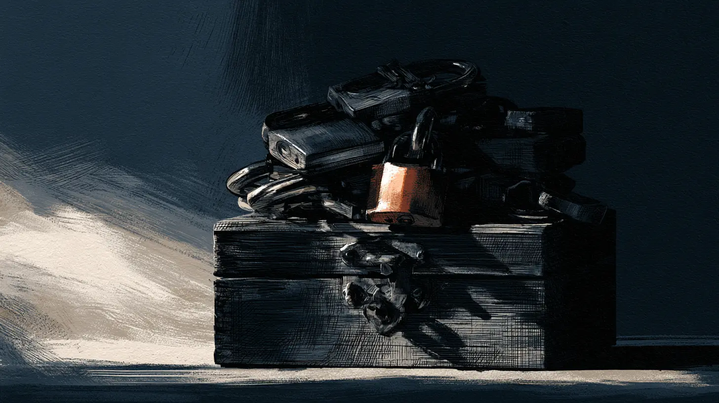 Locked wooden chest topped with a stack of padlocks in dim light, illustrating contact form submissions encrypted at rest on a clinic website.