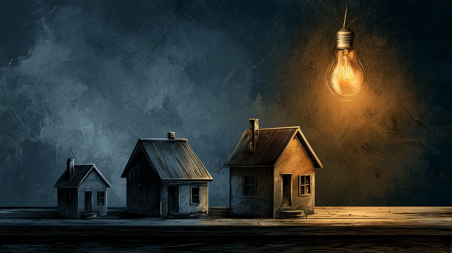 Three small wooden house models lined up on a wooden surface with one illuminated by a hanging bulb, illustrating the hosting decisions a small practice has to make for its website.