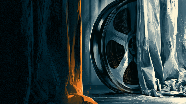 Large film reel partially hidden behind a draped sheet in shadowy light, illustrating why session replay tools do not belong on medical websites handling patient information.