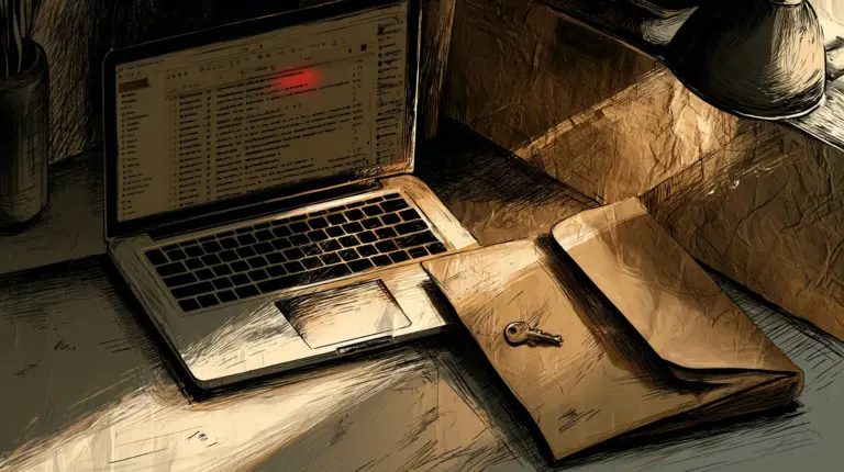 Laptop email inbox beside a sealed locked folder on a desk, illustrating why notification emails should never carry protected health information.