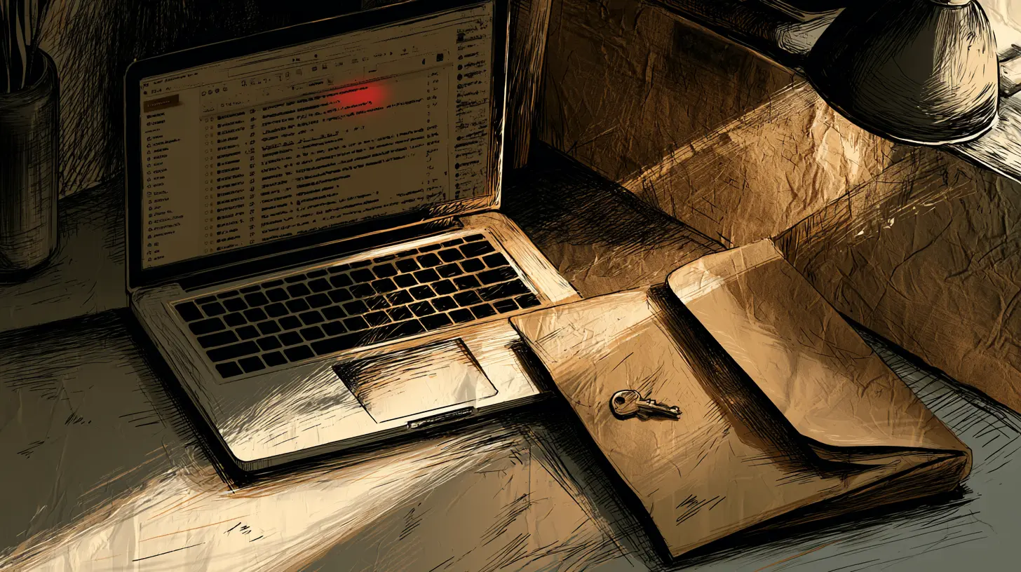 Laptop email inbox beside a sealed locked folder on a desk, illustrating why notification emails should never carry protected health information.