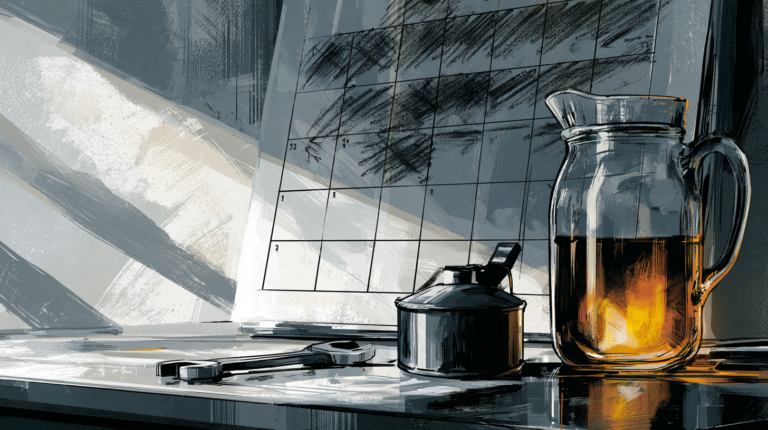 Wall calendar with crossed-off dates above a wrench, oil can, and amber jar on a workbench, illustrating the eighteen-month rule for WordPress maintenance on clinic sites.