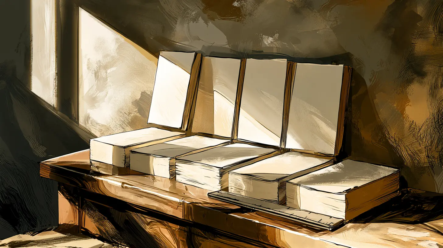 Five small bound books arranged on a wooden table in warm light, illustrating the five-page rule that keeps clinic websites small and focused.