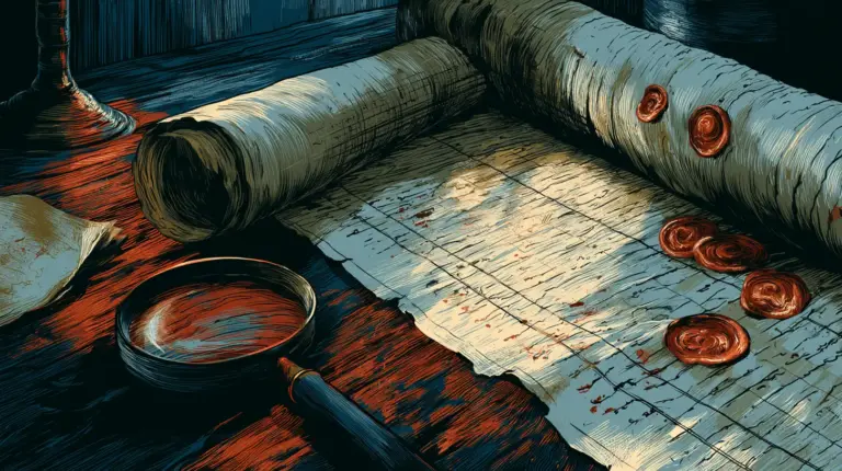 Unrolled parchment scroll marked with red wax seals beside a magnifying glass on a dark wooden table, illustrating the audit trail every clinic intake form should keep.