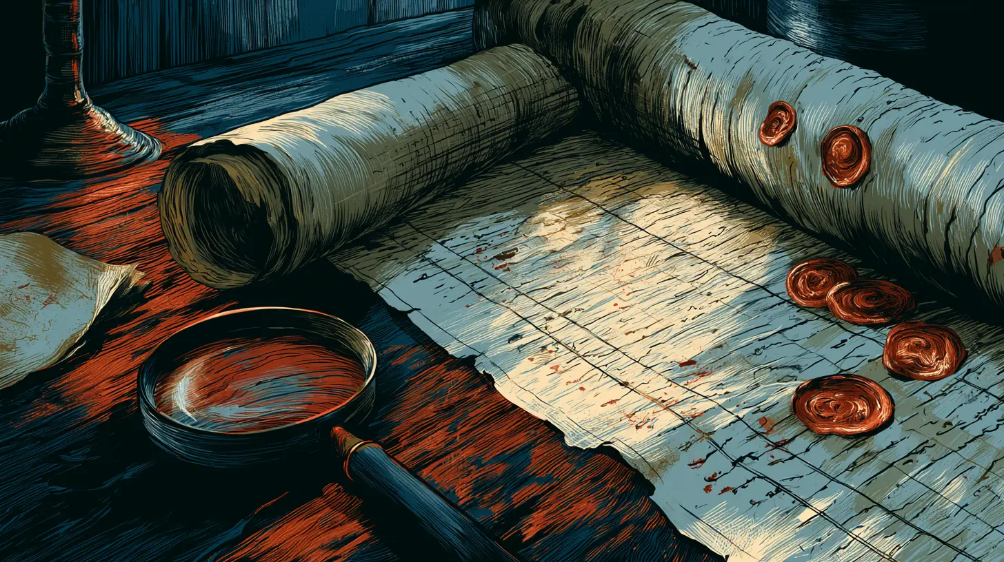 Unrolled parchment scroll marked with red wax seals beside a magnifying glass on a dark wooden table, illustrating the audit trail every clinic intake form should keep.