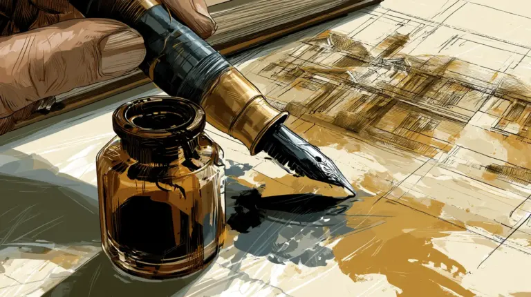 Hand dipping a fountain pen into an ink bottle beside an architectural blueprint, illustrating the choice between refilling content and rebuilding a clinic website from scratch.