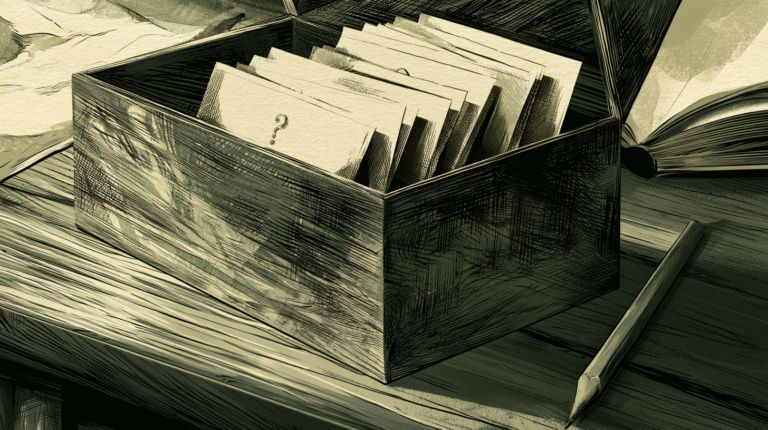 Wooden index card box filled with handwritten cards, one marked with a question mark, sitting on a workbench beside an open book and pencil, illustrating the keyword research process clinic marketing agencies often skip.