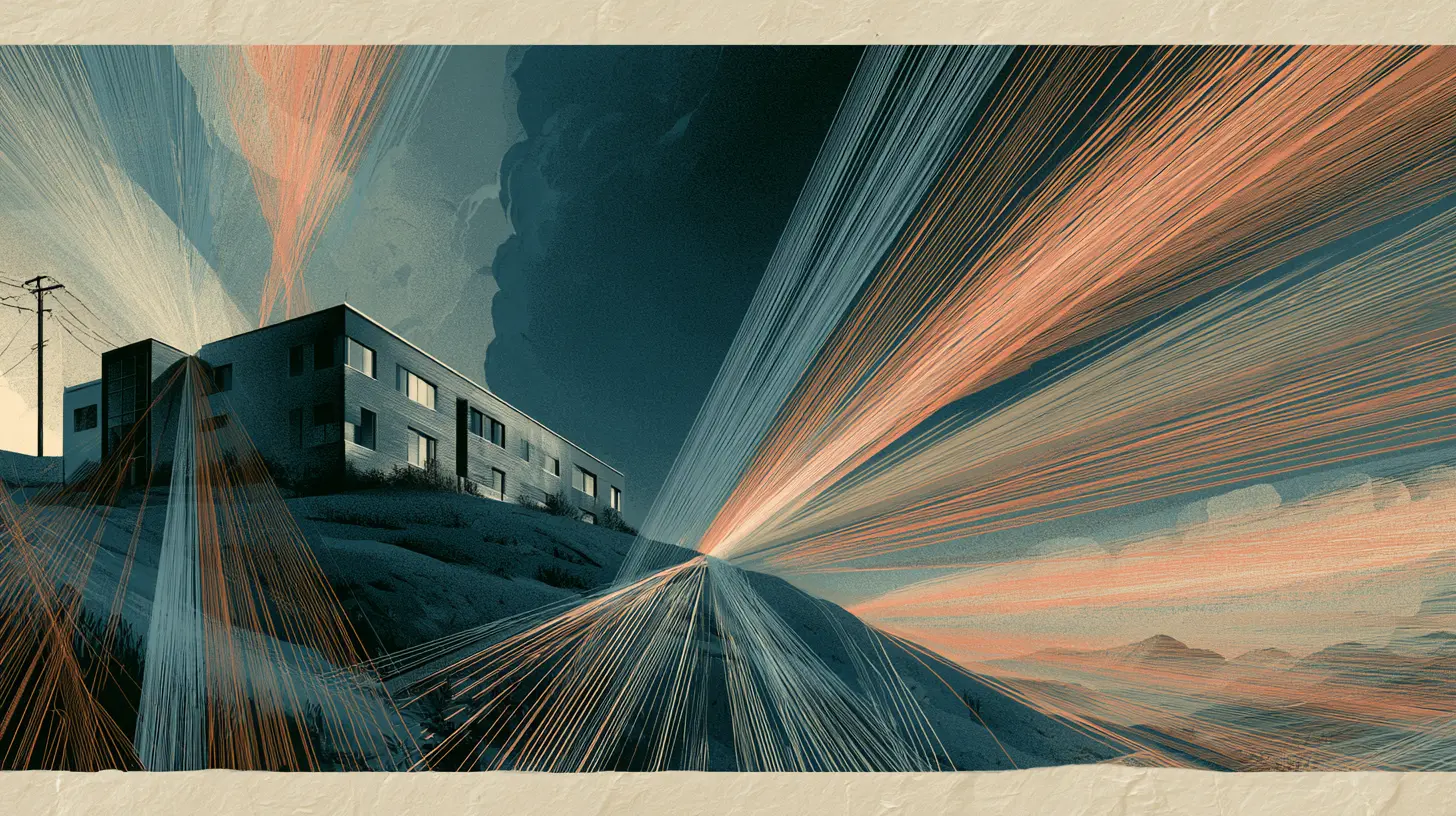 Clinic building on a hillside with countless thin wires radiating outward toward the horizon, illustrating the third-party script connections every clinic site should inventory for risk.
