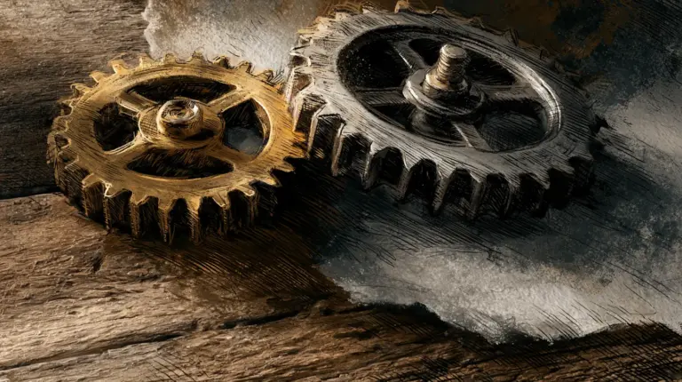 Two interlocking gears, one brass and one steel, meshing together on a wooden surface, illustrating how a Go service runs alongside PHP and WordPress for some clients.
