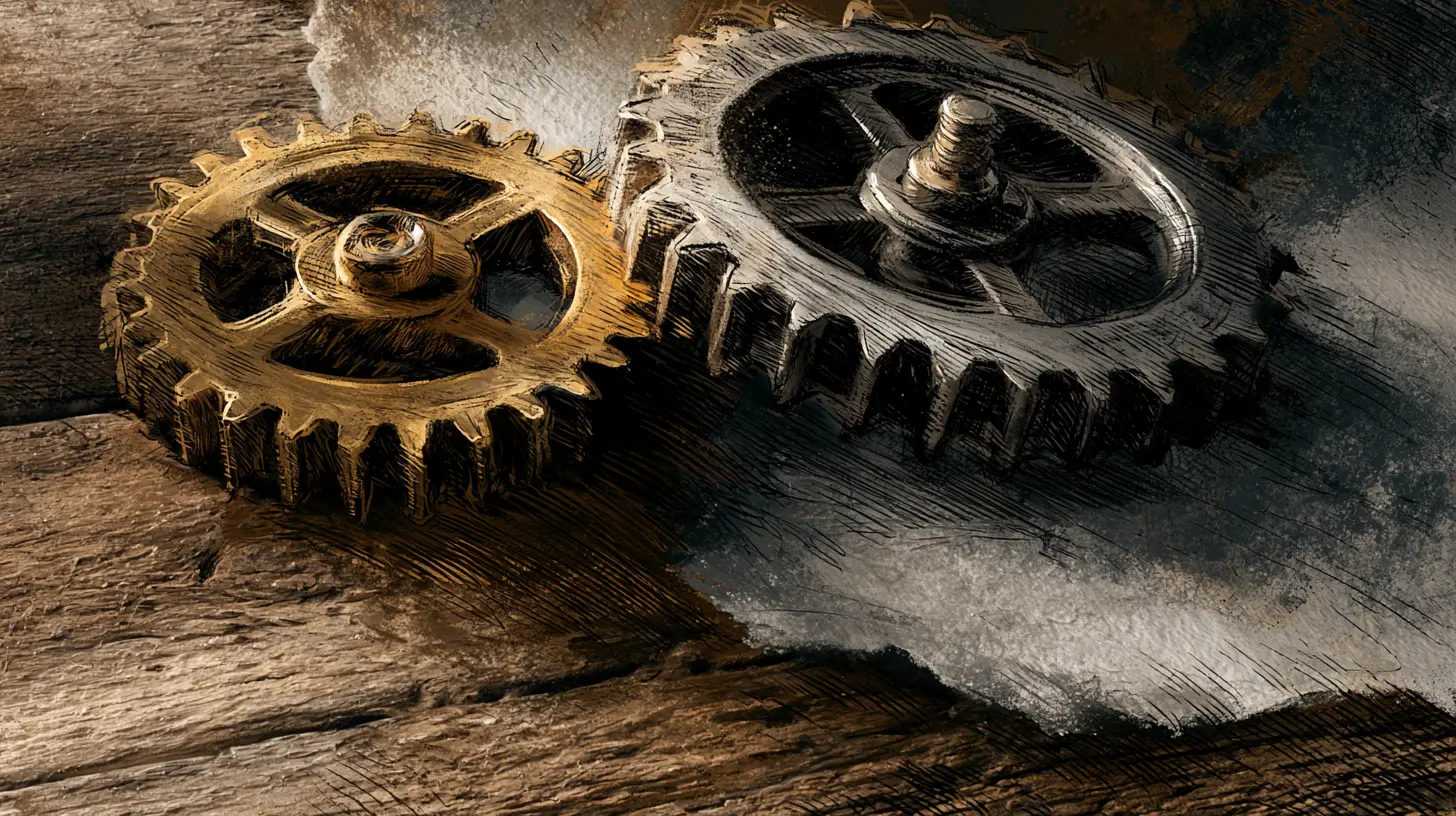 Two interlocking gears, one brass and one steel, meshing together on a wooden surface, illustrating how a Go service runs alongside PHP and WordPress for some clients.