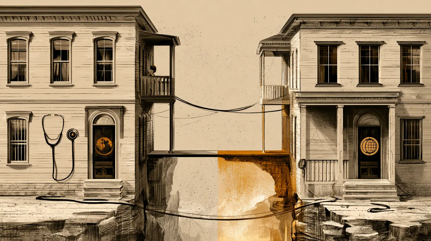 Two separate buildings linked by thin wires across a chasm, one marked with a stethoscope and one with a globe icon, illustrating why the patient portal and the clinic website should remain distinct systems.