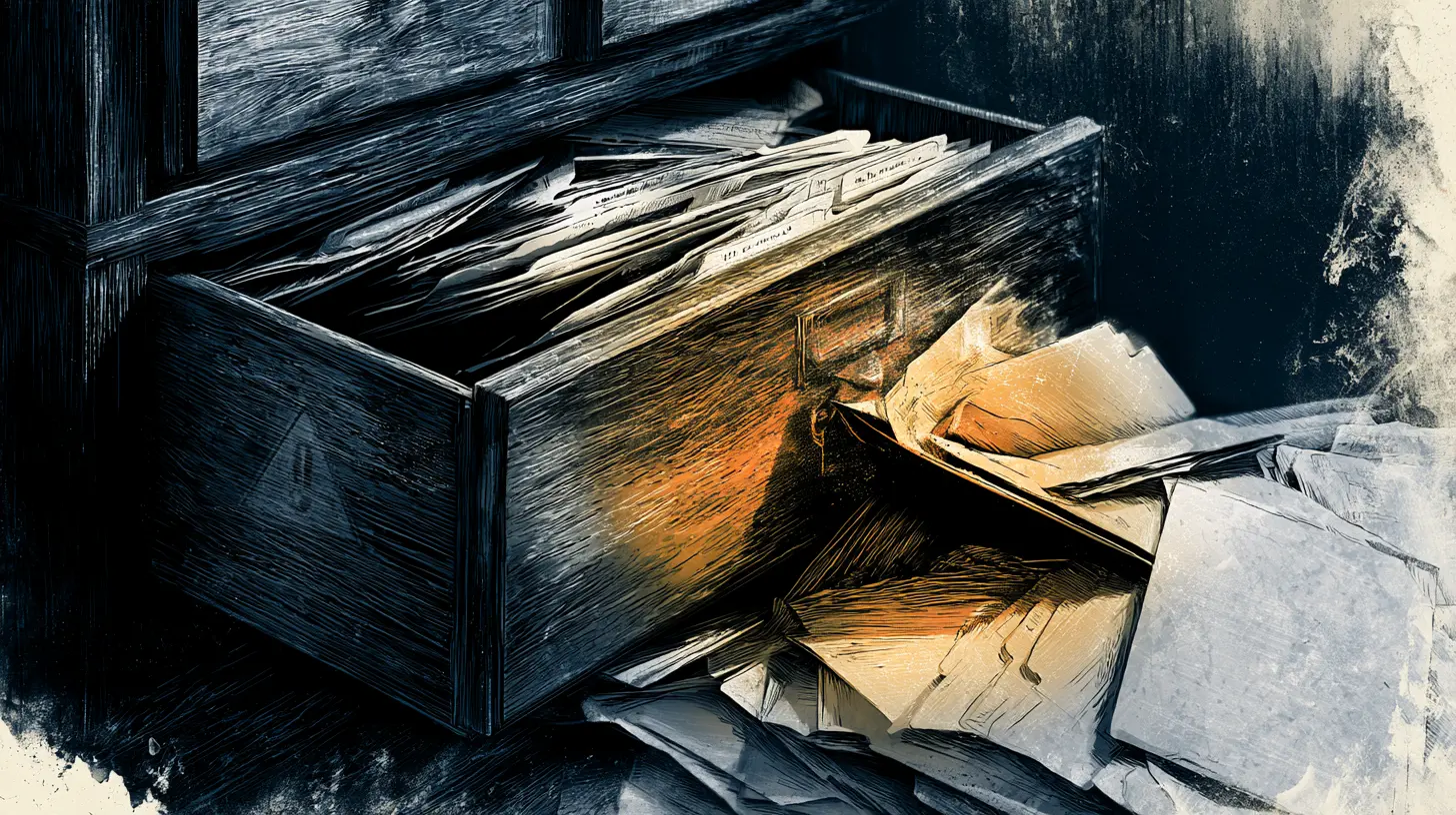 Overstuffed wooden filing drawer spilling patient records with a warning triangle on its side, illustrating the moment a clinic CRM becomes a HIPAA liability.