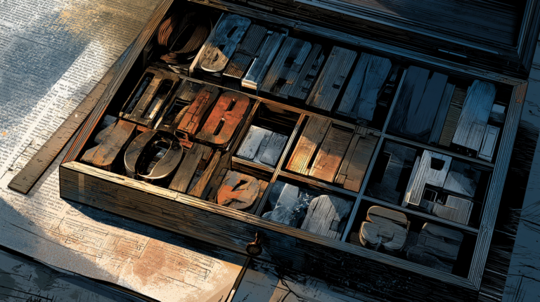 Wooden letterpress tray filled with assorted metal and wood type blocks on a workbench, illustrating how self-hosting fonts improves Core Web Vitals on clinic websites.