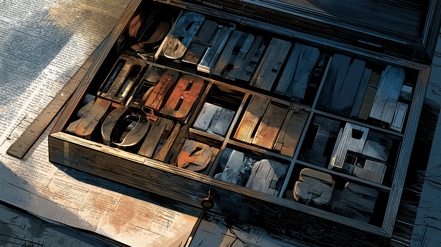 Wooden letterpress tray filled with assorted metal and wood type blocks on a workbench, illustrating how self-hosting fonts improves Core Web Vitals on clinic websites.