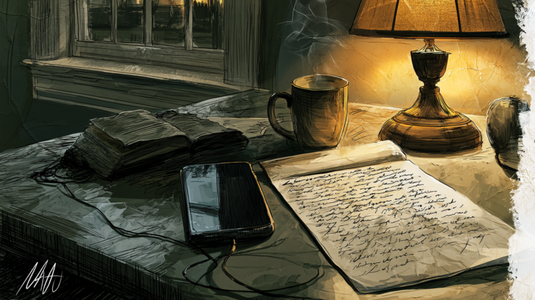 Quiet bedside table with a smartphone, steaming mug, and handwritten letter beside a glowing lamp at night, illustrating writing for patients who haven't decided to call the clinic yet.