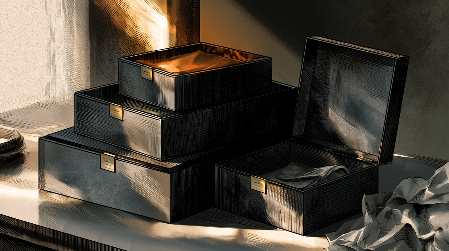 Stacked dark storage boxes with brass clasps in warm light, one open and one empty, illustrating the layered WordPress backup strategy that actually saves a clinic site.