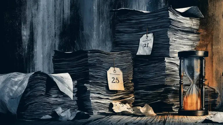 Stacked piles of paper records with numbered date tags beside an hourglass, illustrating auto-purge intervals and retention windows for clinic intake forms.