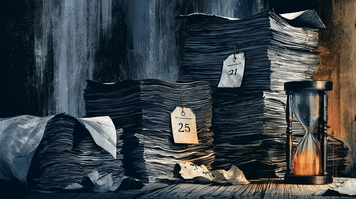 Stacked piles of paper records with numbered date tags beside an hourglass, illustrating auto-purge intervals and retention windows for clinic intake forms.